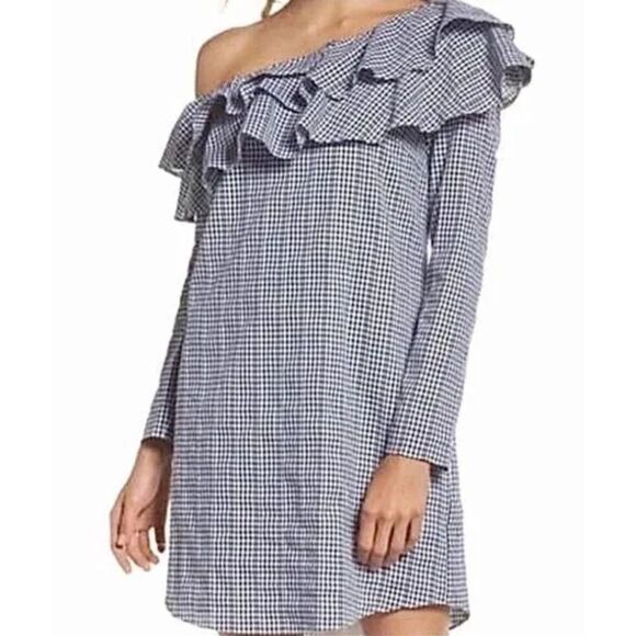 Adelyn Rae Gingham One Shoulder Ruffle Shift Dress Navy sz S Retro Vintage Style - Picture 1 of 12